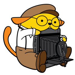 Wapuu dressed in brown pants and suspenders and a brown newsboy style cap. He's wearing glasses and holding a Kodak Brownie camera.