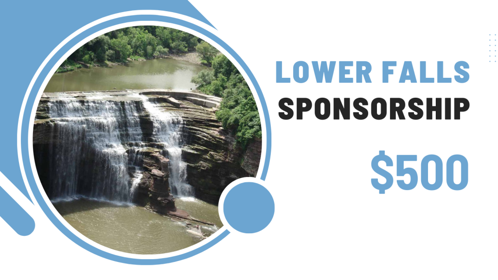 Lower Falls Sponsorship $500
The background is blue and white. There is a photo of Rochester's lower falls waterfall on the left.